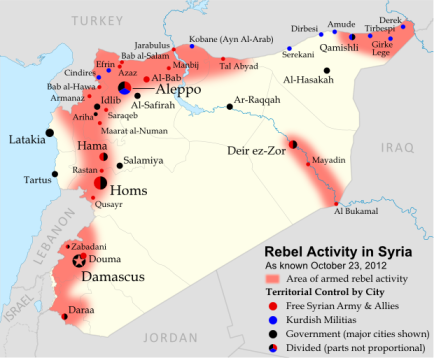 Map of the conflict areas and zones of uprising in Syria from Political Geography Now