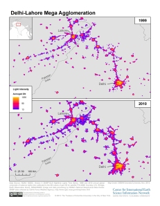 Urbanisation in Punjab compared between 1999 and 2010, the CIESIN map based on night-time lights recorded by satellite.