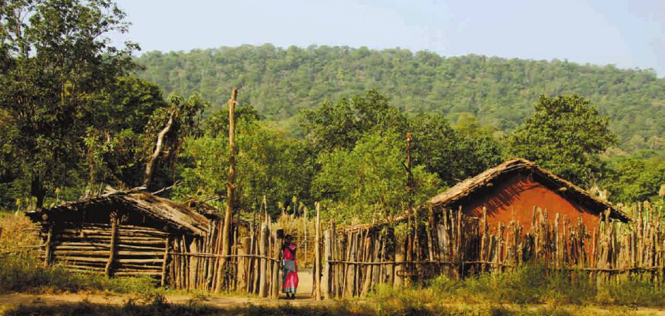 A Chuktia Bhunjia home in Odisha, India. Mud walls and thatched roof.